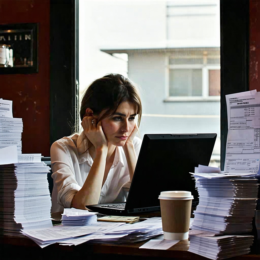Frustrated and exhausted business owner stares at her computer screen. Piles of bills surround her. 